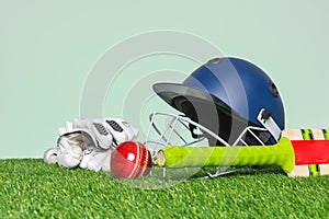 Cricket equipment on grass