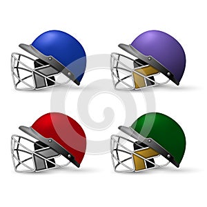 Cricket helmets set with protective grill, cricket headpiece side view