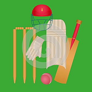 Cricket Icons Set Vector. Cricketer Accessories. Bat, Gloves, Helmet, Ball. Isolated Flat Cartoon Illustration