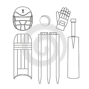 Cricket Icons Set Vector. Cricketer Accessories. Bat, Gloves, Helmet, Ball. Isolated Flat Illustration