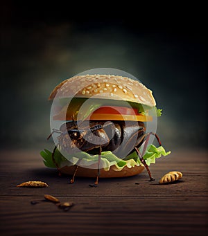 Cricket insect in burger bun with salad and vegetables, source for high protein, entomophagy food concept, generative AI