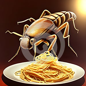 Cricket ,  insect for eating as food items made of cooked insect meat pasta, made of powder, in a dish  i