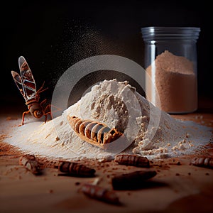 Cricket insect and mealworm with flour, source for high protein, entomophagy food concept, powder of insect, generative AI photo