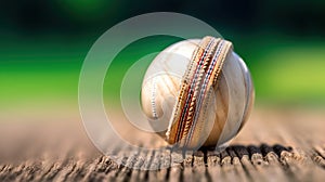 cricket leather ball resting on bat on the stadium pitch. Generative Ai