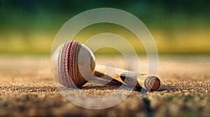 cricket leather ball resting on bat on the stadium pitch Generative AI