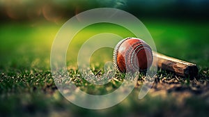 cricket leather ball resting on bat on the stadium pitch Generative AI