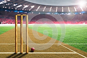 Cricket Leather Ball and Wickets in Stadium With Copy Space