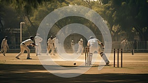 Cricket pitch during a match is eloquently portrayed in a photograph, as bowlers and batsmen engage in action, effectively