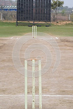 Cricket pitch with wicket and stumps, Cricket Pitch Wickets Ground Closeup Cricket field pitch`s wickets markings grounds closeup