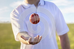 Cricket player bowler throwing up and catching red leather ball ready to bowl