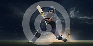 A cricket player hitting a ball with a cricket bat on a f created with generative AI