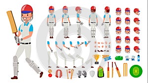 Cricket Player Male Vector. Sport Cricket Player Man. Cricketer Animated Character Creation Set. Full Length, Front