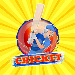 Cricket player in playing action on yellow rays background. photo