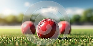 Cricket red ball with green grass close up view 3d Rendering