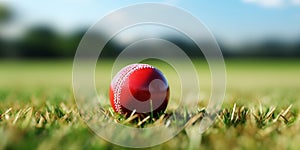 Cricket red ball on Green Turf close view 3d Rendering, 4k Ultra hd