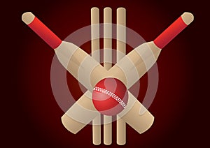 Cricket set of bat and red ball and wickets
