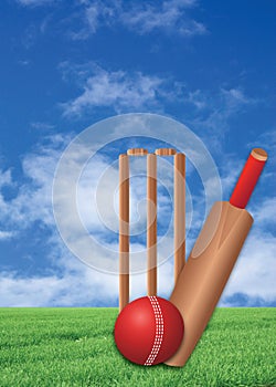 cricket set bat, wicket and ball on a green lawn
