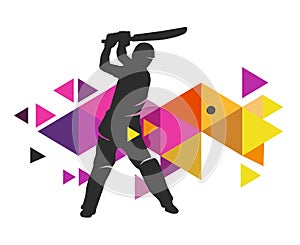 Cricket sport graphic with design elements in background.