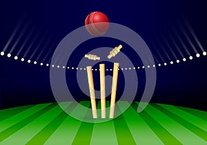 Cricket sport stadium background with wickets and red ball, sports backdrop