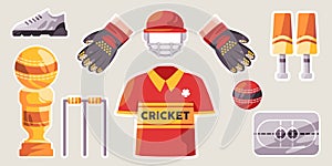 Cricket sport tournament championship object icon collection set illustration sticker style helmet club to glove shirt