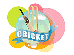 Cricket sports concept with bat, ball and wicket stumps.