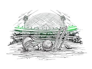 Cricket stadium view with illustration of cricket helmet, ball and stumps.