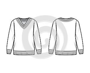 Cricket Sweater technical fashion illustration with stripes, rib V-neck, long sleeves, oversized, hip length, knit trim