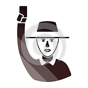 Cricket umpire with hand holding card icon