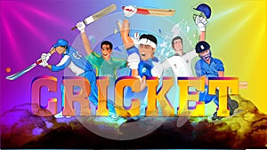 Cricketers in playing action with 3d text cricket.