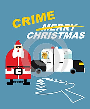 Crime Christmas. Santa Claus in handcuffs. Deer sits in police