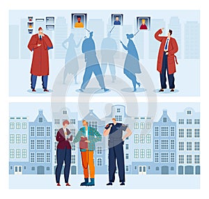 Crime detective, investigator man investigating, police agent spy, surveillance man, design, cartoon style vector