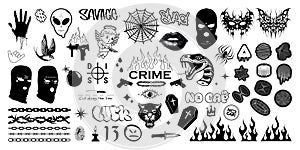 Crime elements, graphic set gang tattoo, brutalism elements