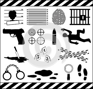 Crime icon set. Murder symbol collection. Criminal illustrations isolated on white background. Contains  murderer investigation,
