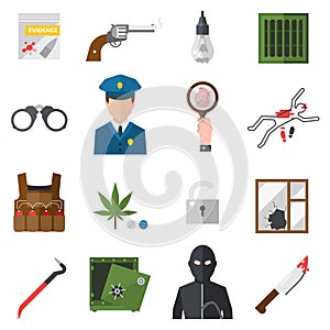 Crime icons protection law justice sign security police gun icon in flat colors vector.