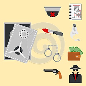 Crime icons protection law justice sign security police gun offence felony transgression flat vector illustration