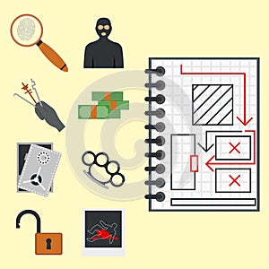 Crime icons protection law justice sign security police gun offence felony transgression flat vector illustration