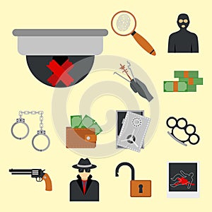 Crime icons protection law justice sign security police gun offence felony transgression flat vector illustration