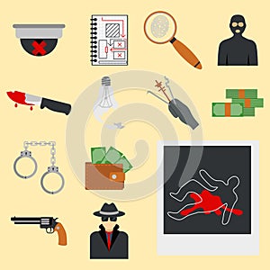 Crime icons protection law justice sign security police gun offence felony transgression flat vector illustration