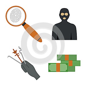 Crime icons protection law justice sign security police gun offence felony transgression flat vector illustration