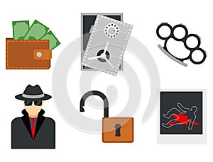 Crime icons protection law justice sign security police gun offence felony transgression flat vector illustration