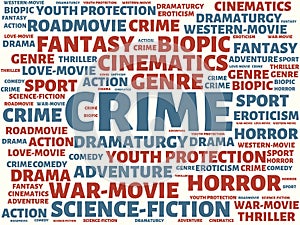 CRIME - image with words associated with the topic MOVIE, word, image, illustration