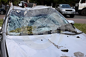 Crime Incident! Broken car windows as a result of a terrorist attack. Car robbery. Dangerous fatal accident. Attempted murder of a