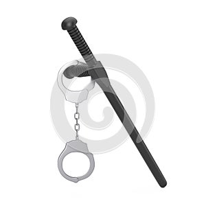 Crime and Law Concept. Metal Handcuffs with Black Rubber Police Baton or Nightstick. 3d Rendering