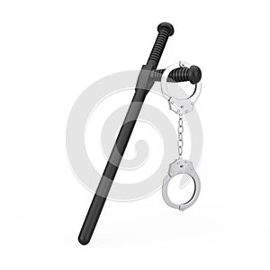 Crime and Law Concept. Metal Handcuffs with Black Rubber Police Baton or Nightstick. 3d Rendering