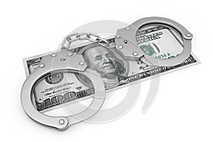 Crime and Law Concept. Metal Handcuffs over Dollars Money Banknote. 3d Rendering