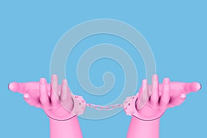 Crime and Law Concept. Pink Abstract Hands with Handcuffs in Duotone Style. 3d Rendering