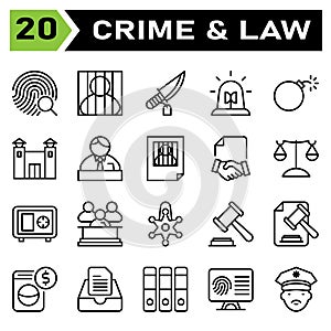 Crime and Law icon set include fingerprint, identification, investigation, evidence, search, jail, prisoner, criminal, convict,