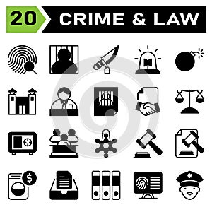 Crime and Law icon set include fingerprint, identification, investigation, evidence, search, jail, prisoner, criminal, convict,