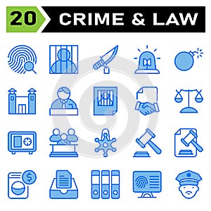 Crime and Law icon set include fingerprint, identification, investigation, evidence, search, jail, prisoner, criminal, convict,