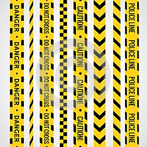 Crime line tape. Police danger caution vector yellow barrier. Not cross security line